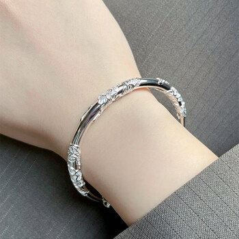 款小众设计推拉古风送女朋友生日礼物 足银连理枝手镯_重约25g[带证