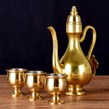 博与(boyu)铜酒壶酒杯黄铜供财神关公高脚供杯3个酒杯加一个酒壶
