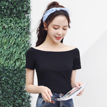 露肩一字肩上衣女生夏季一字领半袖短款性感紧身小众锁骨t恤女短袖