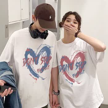 装衣服2021新款夏季一男一女学生休闲宽松情侣款半袖体恤班服定制爱心