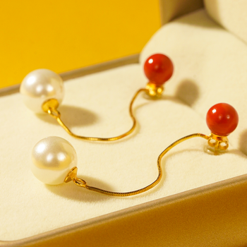 慈华臻品 艾灸石 珍珠耳钉 耳钉 珊瑚红