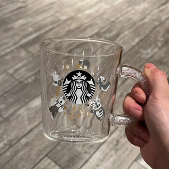 星巴克杯子玻璃杯子带把手韩国大容量透明渐变藤编男女咖啡水杯473ml