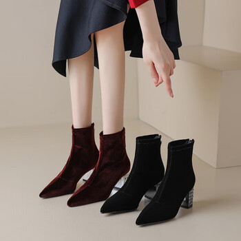 气质ck手工女鞋秋冬新款尖头高跟短靴绒面水钻粗跟弹力瘦瘦靴酒红色34