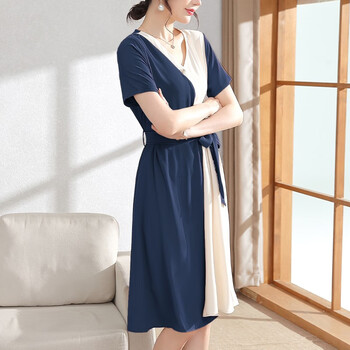 雪夕(xuexi)妈妈装新款气质系带连衣裙中年女夏装时尚中老年女装雪纺