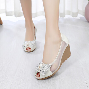 嘉钦百搭鱼嘴鞋坡跟凉鞋女舒适防水台真皮鱼嘴网纱夏季新款高跟鞋蝴蝶