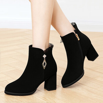 中年皮鞋女冬款短靴磨砂粗跟秋冬气质百搭绒面高跟鞋妈妈及踝靴黑色