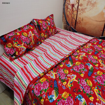 东北大花布四件套新年四件套东北大花布结婚被罩纯棉条纹床单复古风