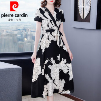 皮尔卡丹（pierre cardin）雪纺连衣裙夏装2024年新款名媛气质短袖时尚裙子 黑色 M