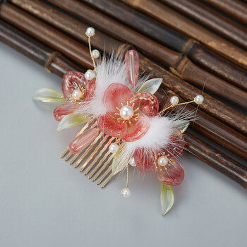 冬季古风汉服搭配毛球发饰发冠对夹海棠花古典唯美汉服头饰雪海棠发梳