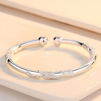 老风祥足银s999手镯女繁华实心四叶草银手环女款手链情人节送女友