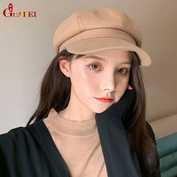 韩版潮名媛女士八角帽 修脸显瘦学生画家春天户外帽子 卡其色
