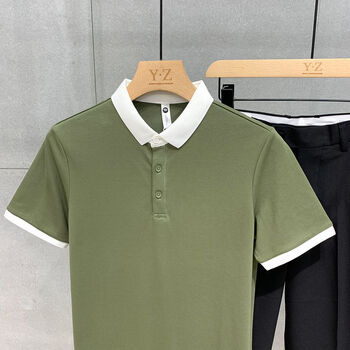 夏季潮流撞色领短袖polo衫男潮牌百搭舒适男修身保罗衫潮绿色m