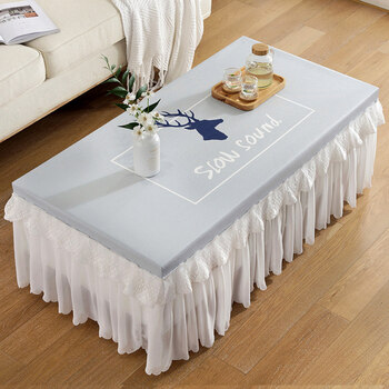 茶几桌布长方形家用客厅电视柜防尘盖巾布艺蕾丝全包茶几罩套蓝色鹿头