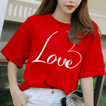 t恤女短袖春夏季新款宽松韩版学生大码上衣心形字母印花潮红色白字s