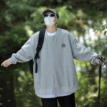 菲尼东爵春秋假两件条纹衬衫拼接圆领卫衣男潮牌ins街宽松休闲学生