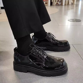 百花坊方头皮鞋男感厚底韩版亮面理发师黑色商务鞋男夏季增高德比鞋柔