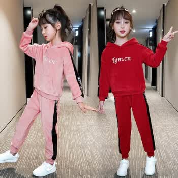 金丝绒套装秋冬装新款卫衣套装洋气女孩运动服两件套儿童时尚红色130