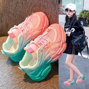 洛潮款女童老爹鞋夏季新款运动鞋中大童网面透气女孩镂空单网鞋粉色27