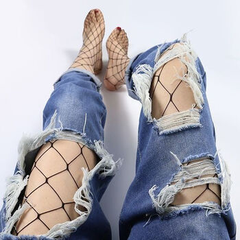 纤多洛渔网袜女长筒大网格镂空网袜白色学生丝袜黑色高腰袜大网一双装