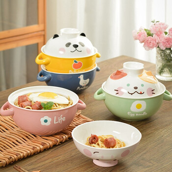 叮旦卡通双耳泡面碗带盖可爱少女心碗单个面碗大碗蒸蛋碗釉下彩学生