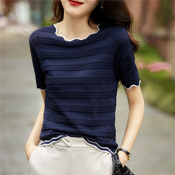 萱旎xuanni圆领短袖针织衫女2022春夏毛衣五分袖半袖低领内搭打底衫h