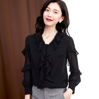 真丝衬衫女长袖上衣桑蚕丝小衫2021春秋装新款荷叶边雪纺衫衬衣黑色m