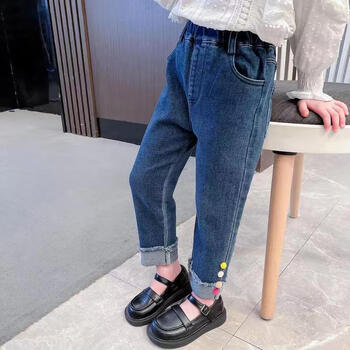 众嗨 女童牛仔裤春装儿童时髦洋气外穿长裤女宝宝春秋裤子 蓝色 110cm