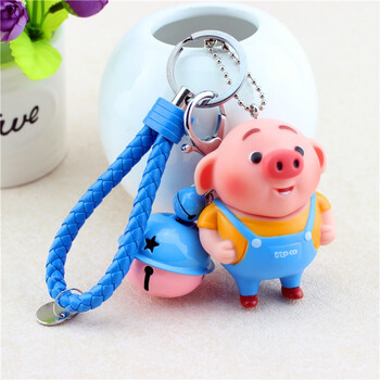 个性卡通钥匙扣女汽车挂件圈环可爱猪年小礼物 荧光黄 湖蓝蓝粉光头猪