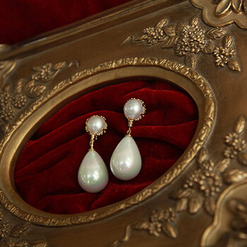 小米星vintage费雯丽超大古董双珍珠耳环925银贝珠水滴耳坠耳夹手作
