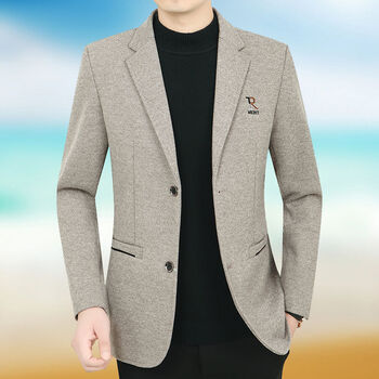 款毛呢西装外套男中年商务休闲西服韩版修身男士西装加厚上衣 浅咖色
