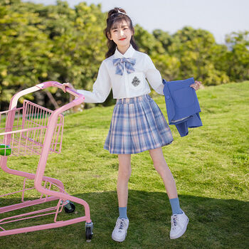 15岁女孩子童装学生套裙少女秋季日系网红流行 jk两件套衬衫 裙子蓝色