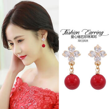舒墩红色珍珠耳环新娘耳饰无耳洞耳夹结婚搭配礼服耳钉饰品蝴蝶结无洞