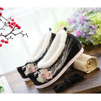 季回力休翘头鞋弓鞋毛口鞋绣花舞蹈布鞋内增高古装汉服鞋秋冬季女棉布