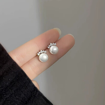 igiftfires925银针皇冠珍珠耳钉女轻奢小众设计感气质百搭耳环2023款