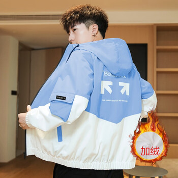 衫秋冬季休闲韩版潮流加厚上衣男装时尚工装加绒外套男浅蓝色加绒xxxl