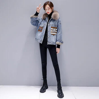 吕树站冬季牛仔拼接派克棉服女短款加绒加厚羊羔毛棉衣外套小个子蓝色