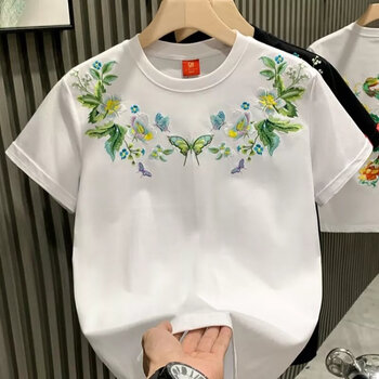 福神笛国潮风蝴蝶刺绣短袖纯棉t恤男女大码300斤感小众情侣潮牌体恤