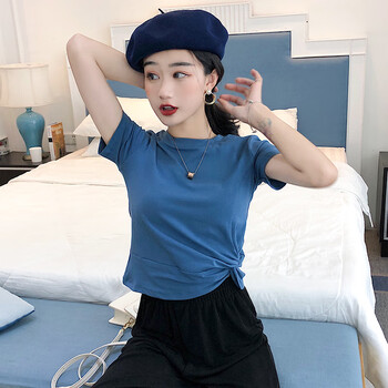 半截袖女短款雾霾蓝t恤短袖高腰紧身短装小心机风露脐上衣潮夏季雾霾