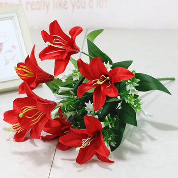 客厅摆设餐桌高档花艺干花花束摆件 40cm7头红色绢布百合花【一束】