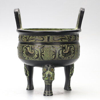 周鼎仿古青铜器摆件 锌合金凤鸟纹鼎三足鼎圆鼎 古玩收藏工艺礼品