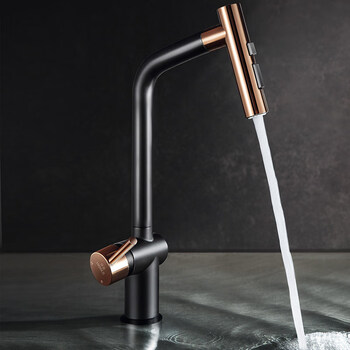 悍高304不锈钢黑色旋转抽拉伸缩水龙头冷热厨房洗碗洗菜盆龙头 玫瑰金