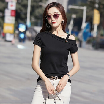 夏季新颖斜肩半袖上衣女t恤斜领吊带露肩莫代尔纯色短袖修身显瘦身体
