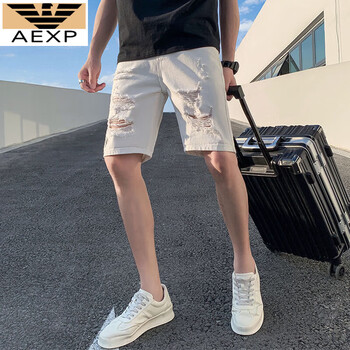 美式薄款潮流大裤衩五分中裤gamn0215破洞牛仔短裤白色xl体重130145斤