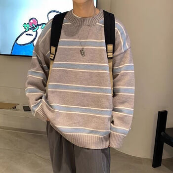 启堂高中生男孩毛衣秋装加厚初中生男生毛线衣中学生秋冬季条纹拼色圆