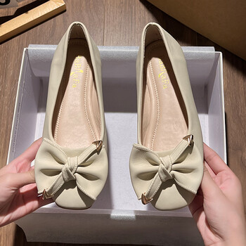 红蜻蜓2023春秋季甜美平底蝴蝶结单鞋女软底复古方头浅口豆豆鞋瓢鞋米