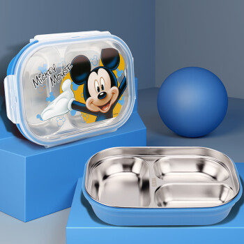 迪士尼（DISNEY）儿童餐具便当盒套装 带筷勺宝宝分格餐盘婴儿注水保温饭盒餐盒 米奇不锈钢3格餐盒