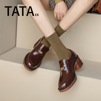 他女鞋粗跟英伦风单鞋女2024新款春季真皮厚底金币乐福鞋小皮鞋棕色34