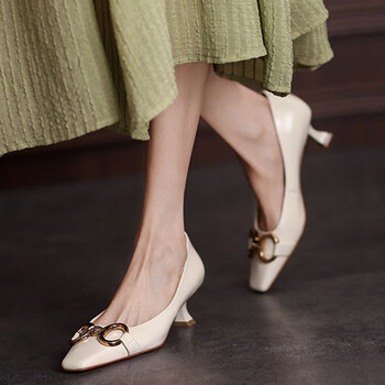 高跟鞋女细跟2023年春秋季新款女鞋方头复 米白色 39【图片 价格 品牌