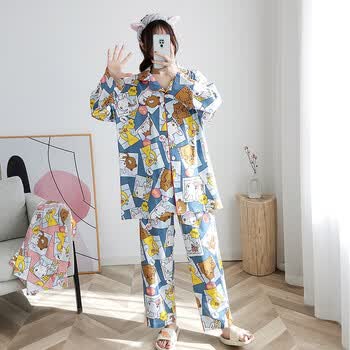 秋千坠胖mm大码女睡衣200斤春秋纯棉家居服宽松加肥加大230斤套装可外