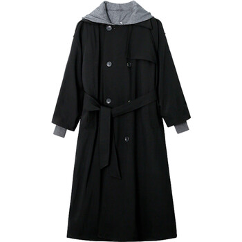 拉夏贝尔la大衣女秋冬 黑色撞色风衣外套女2022秋冬新款中长款设计感